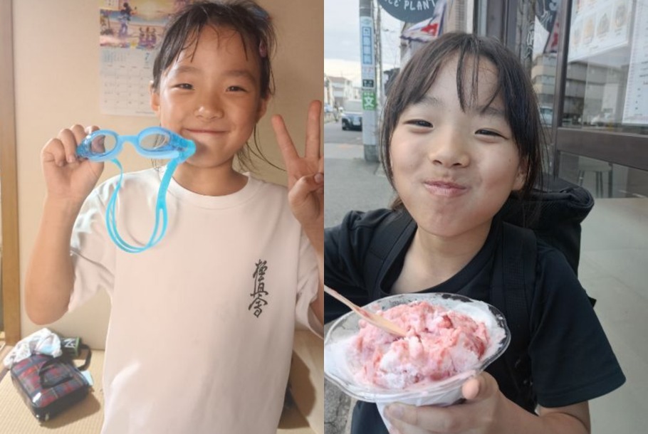 長谷川文乃さん。極真のTシャツでピースする姿と、かき氷を手にした笑顔