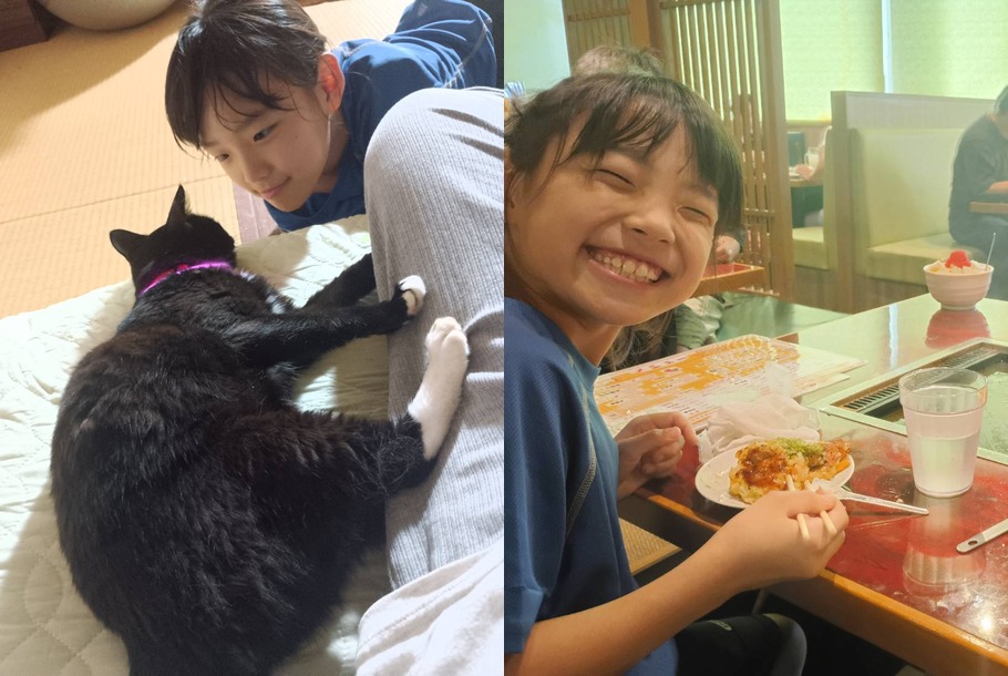長谷川文乃さん。家で愛猫と過ごす姿と、家族での食事で満面の笑顔